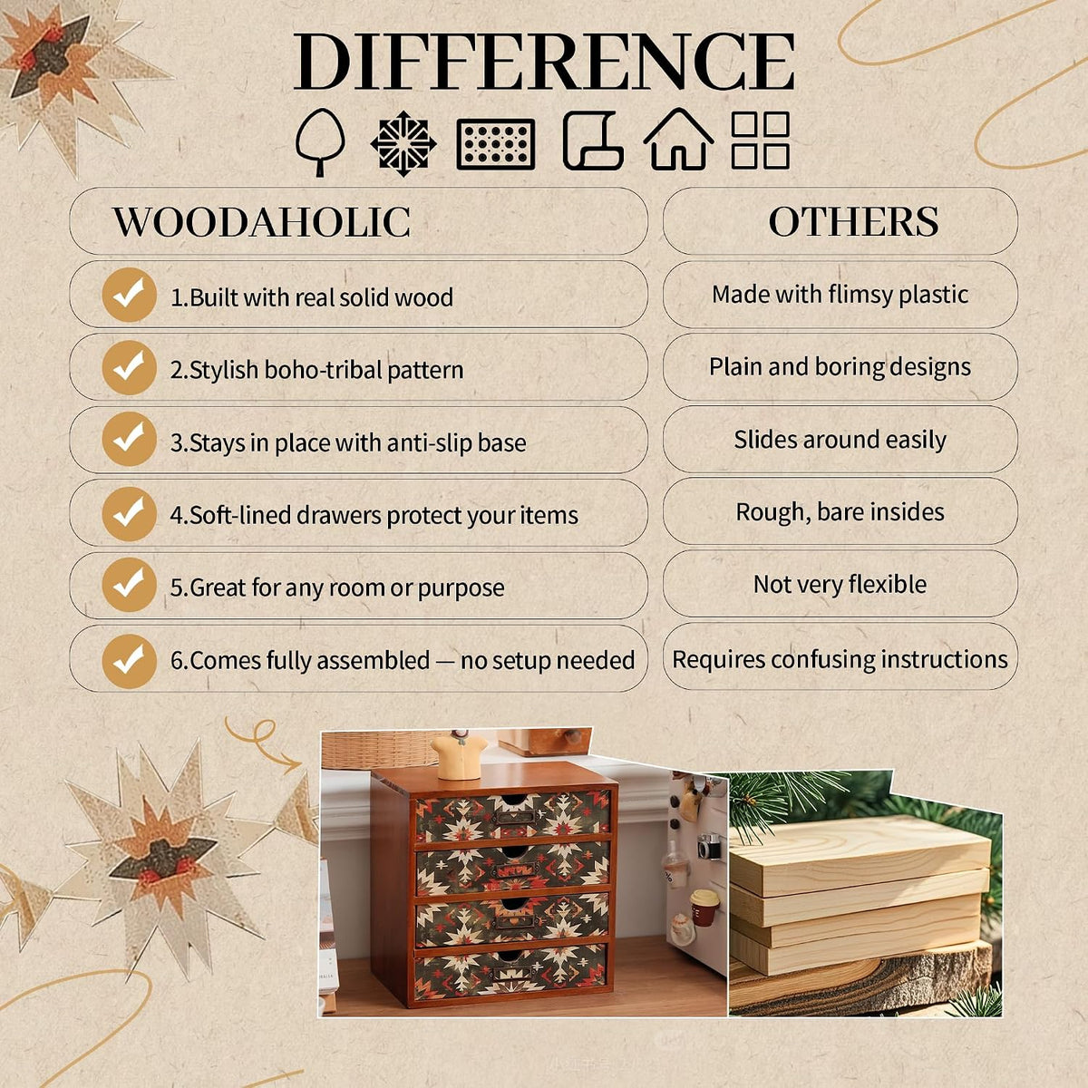 Boho Green Wooden Desk Organizer with Drawers – 4-Drawer Desktop Storage Box – Rustic Tribal Wood Desk Organizer for Office, Vanity, or Craft Supplies – Compact & Stylish Wooden Storage Drawers
