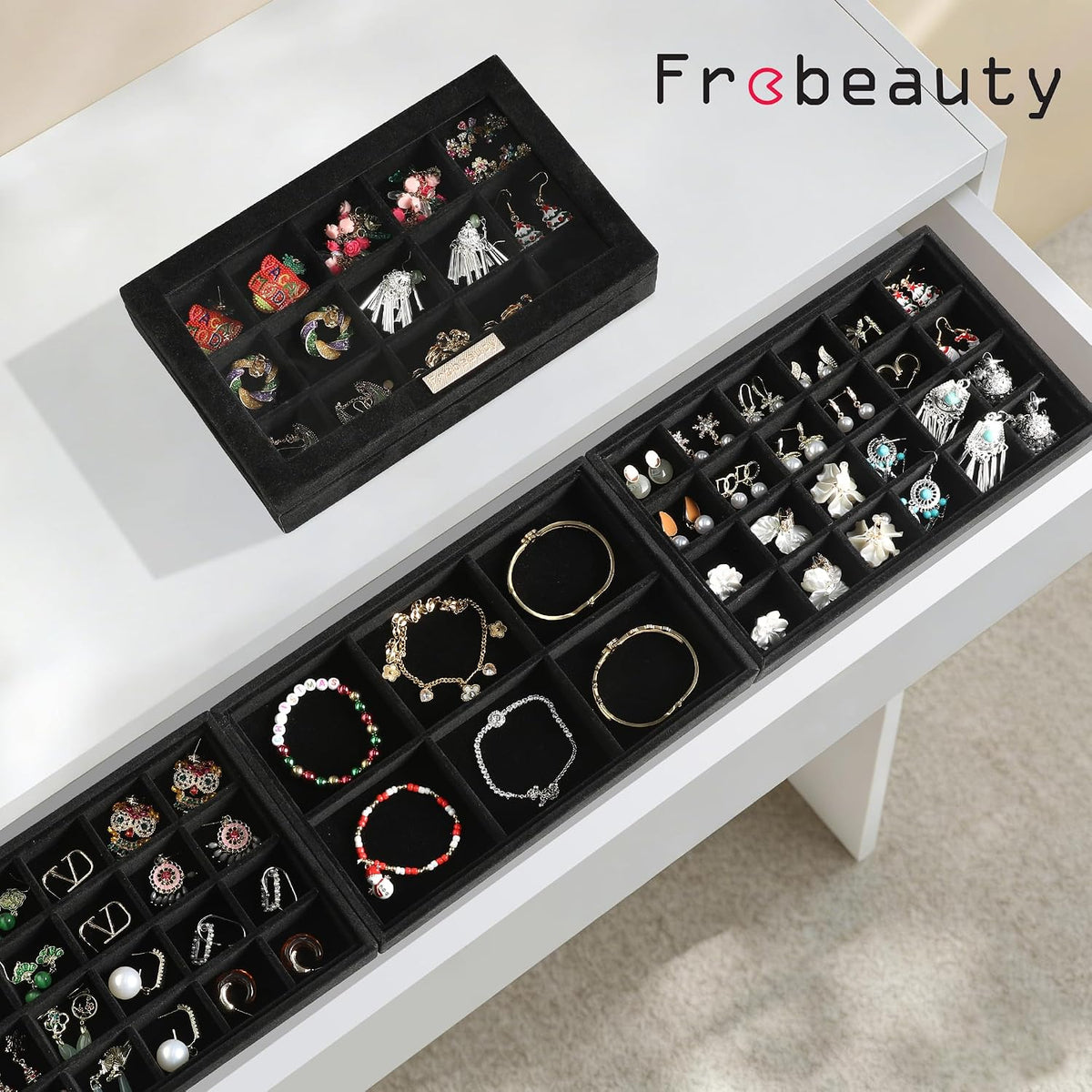 Frebeauty Stackable Jewelry Trays,Set of 4 Jewelry Organizer for Drawer