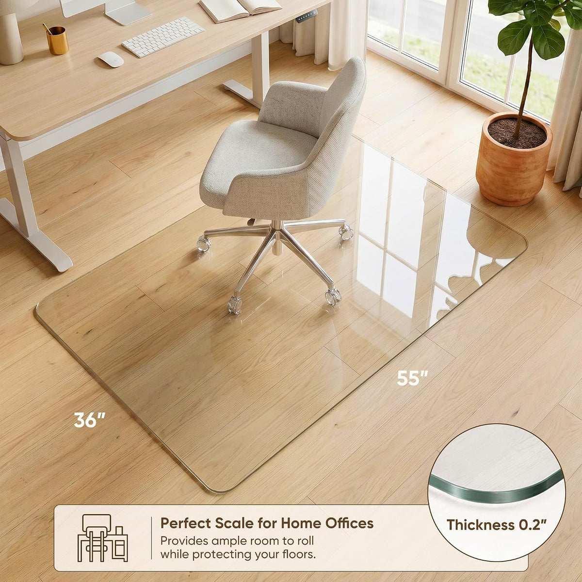 Antok Tempered Glass Chair Mat, 36"x55" Office Chair Mat for Carpet & Hardwood Floor, 0.2" Heavy Duty & Scratch Resistant Desk Chair Mat, Rounded Corners & Polished Edges for Home, Office
