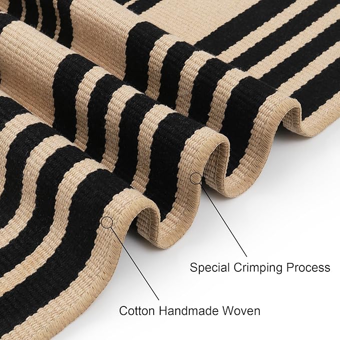Striped Outdoor Front Door Mat 24"x51", Cotton Hand Woven Washable Black and