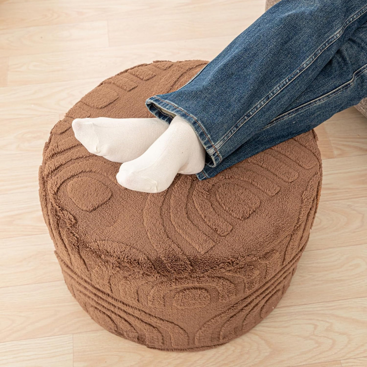 Asuprui Round Ottoman Pouf Foot Stool, Coffee 20x14 in,Sofa Couch Foot Rest