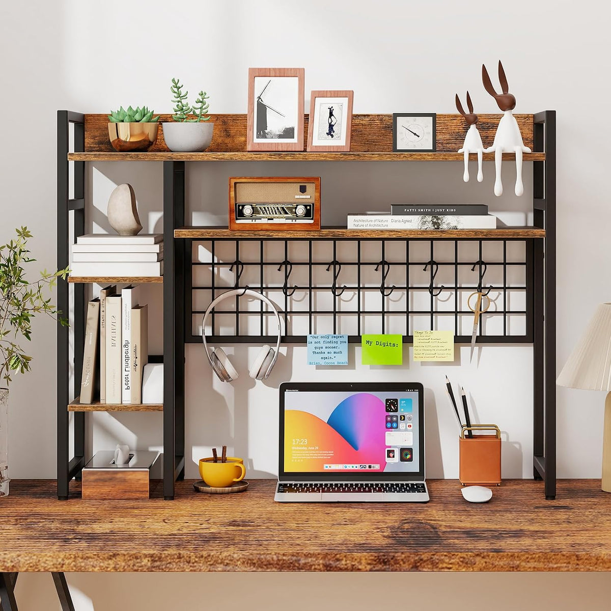 GOFLAME Desktop Bookshelf, 37 Inch Desk Shelf for Computer Monitor, 4-Tier Desk Hutch with Grid Panel 6 Hooks Set, Industrial Countertop Storage Organizer Shelf for Home Office, Dorm (Rustic Brown)