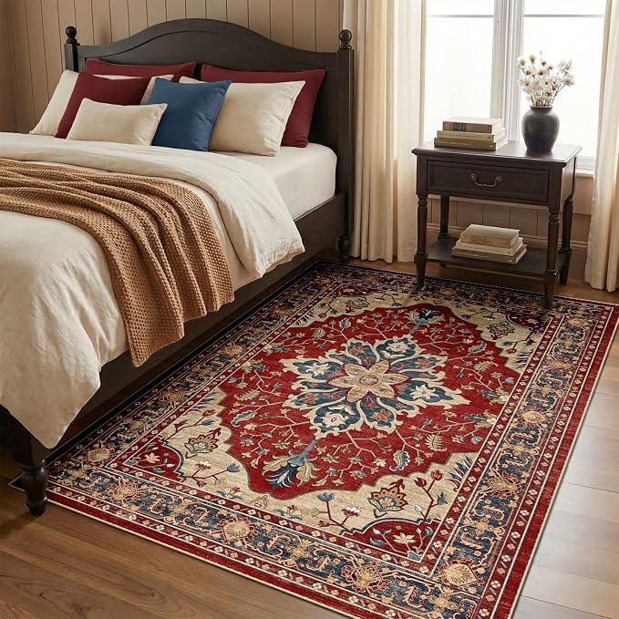RELEANY Area Rugs 4'x5' Washable Non-Slip, Floral Vintage Distress Medallion