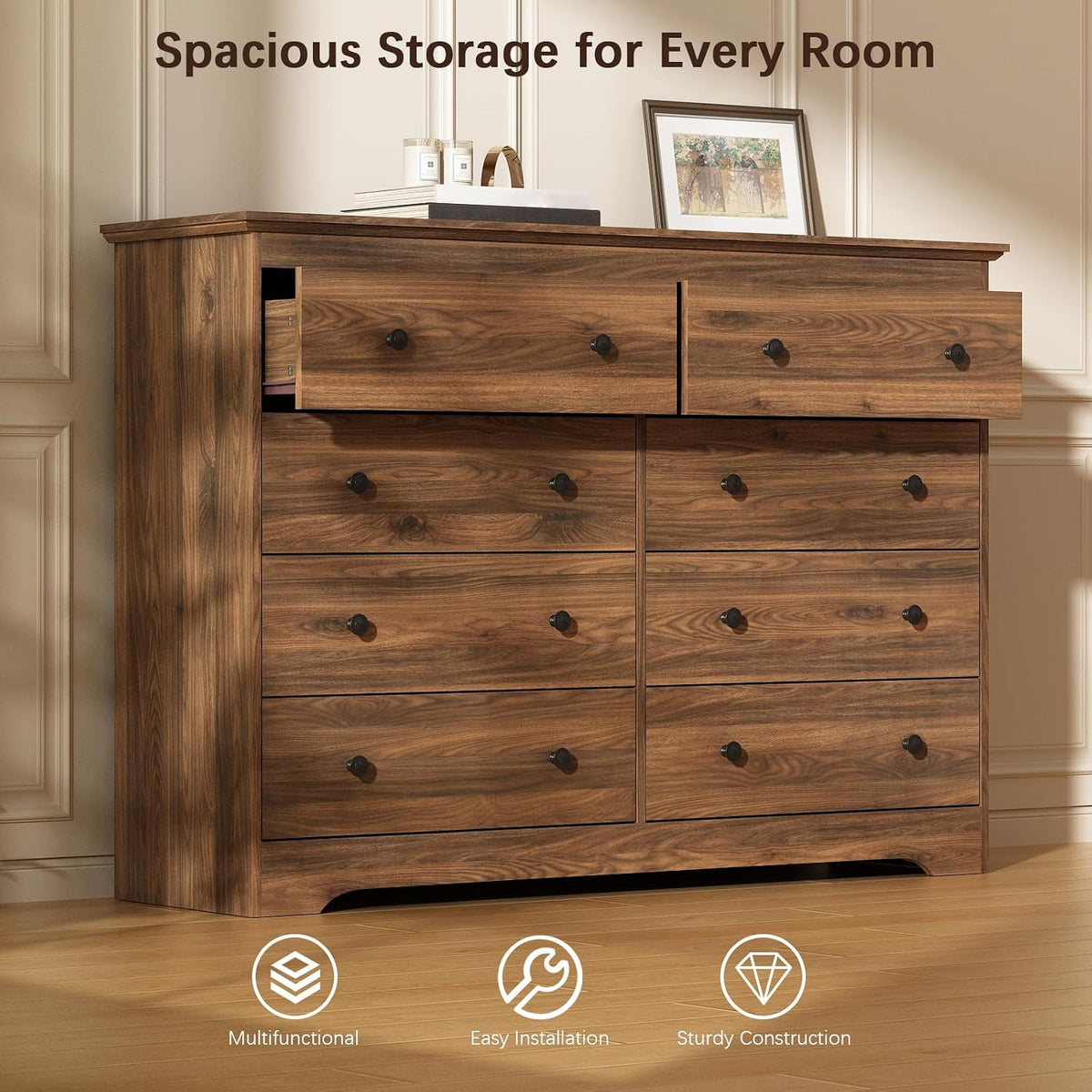 LYNSOM Modern 8 Drawer Dresser, 51.2" Wide Dressers & Chests of Drawers with Large Capacity Storage, Wood Mid Century Storage Dressers Organizer for Bedroom, Brown