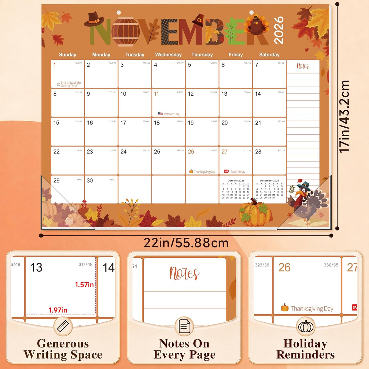 GuassLee Large 2027 Desk Calendar, 39 Month Oct 2026-Dec 2029, 22" x 17"