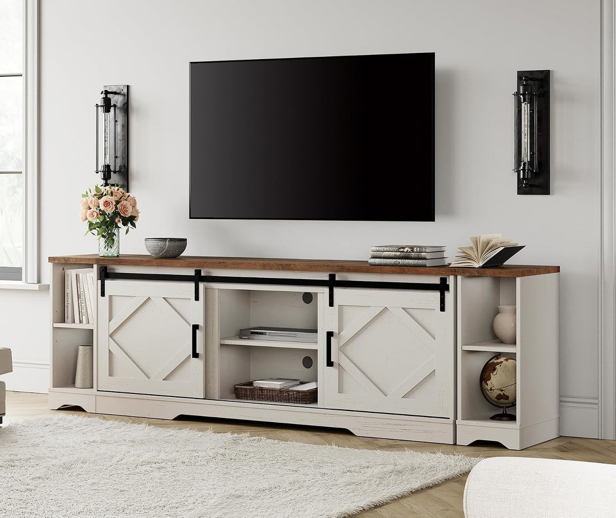 WAMPAT 3-in-1 Farmhouse TV Stand for 95" TV, Entertainment Center with Barn Door Storage & Cable Management, Large Media Console for Living Room, Wooden TV Table with Short Shelves