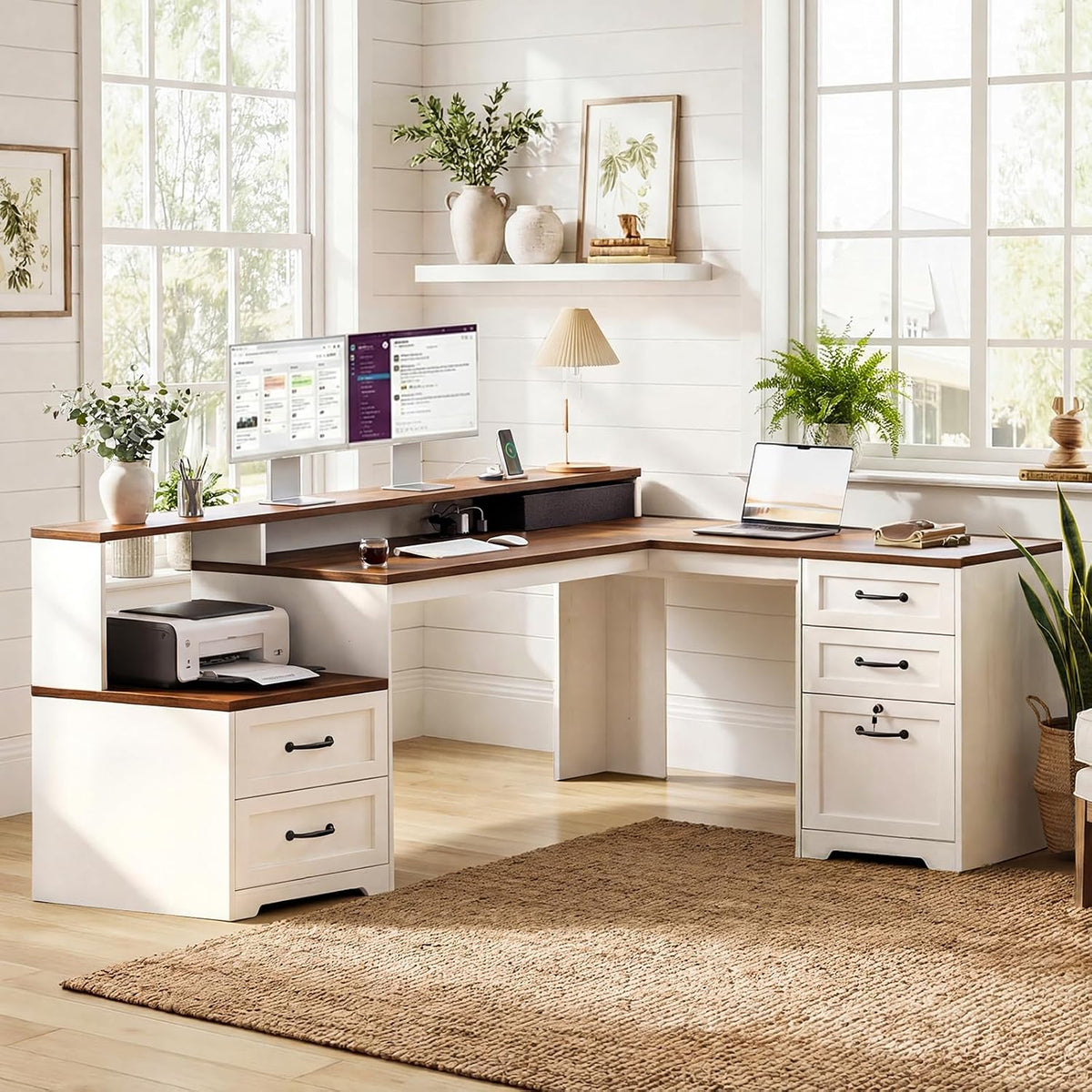 OffiGo Farmhouse 68 Inch L Shaped Executive Desk with Drawers, Walnut+White