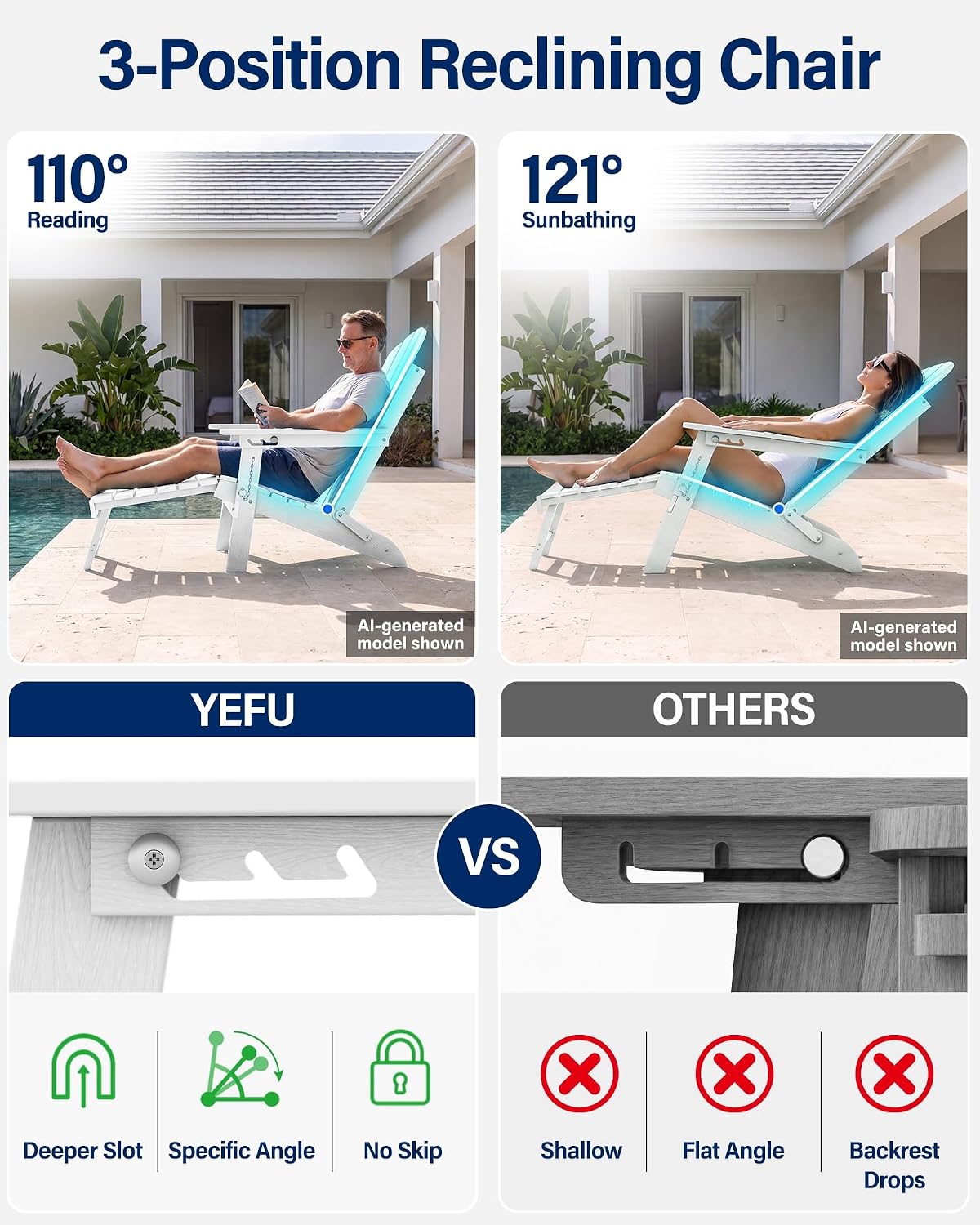YEFU Adirondack Chairs with Footrest, HDPE Adirondack Chair, White