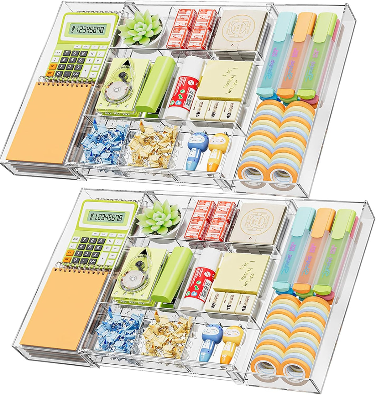 Marbrasse Expandable Desk Drawer Organizer, Clear Plastic Drawer Organizer Tray with 10 Adjustable Compartments, Desk Organizers and Accessories, 5 Drawer Dividers for Office Supplies (Clear-2P)