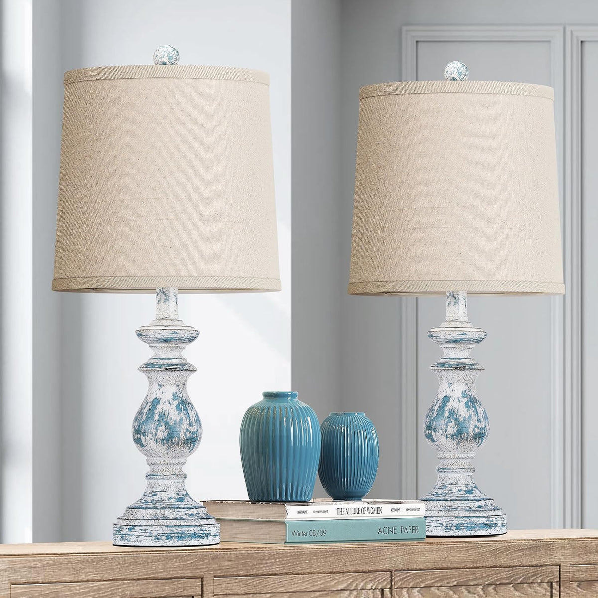PARTPHONER Traditional Table Lamp Set of 2, Rustic Farmhouse Table Lamps for Living Room Bedroom, 22" Bedside Desk Lamps Vintage Nightstand Lamps with Linen Shades, Washed Blue
