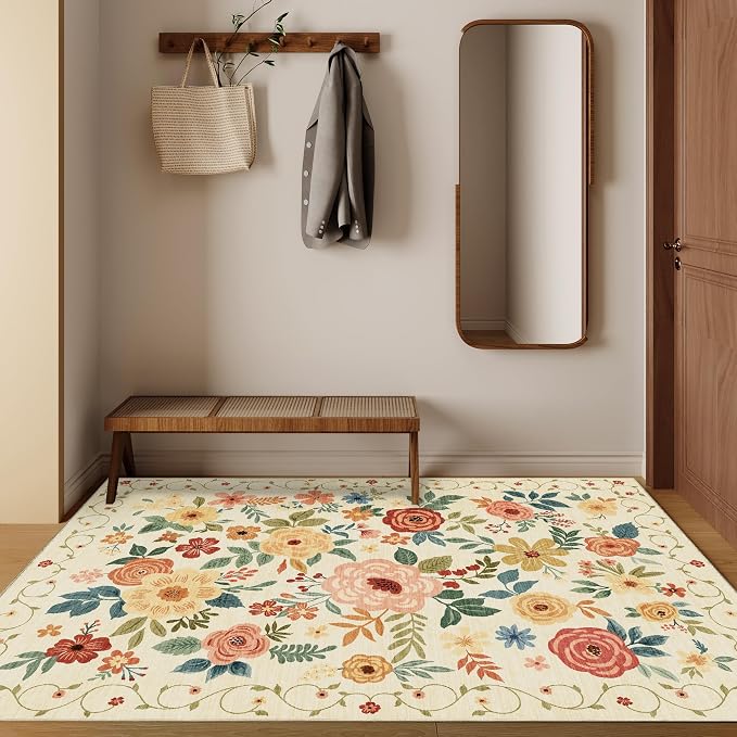 DUKINO 4x6 Area Rug, Lightweight Non Slip Washable Floral Rug, Indoor Low Pile
