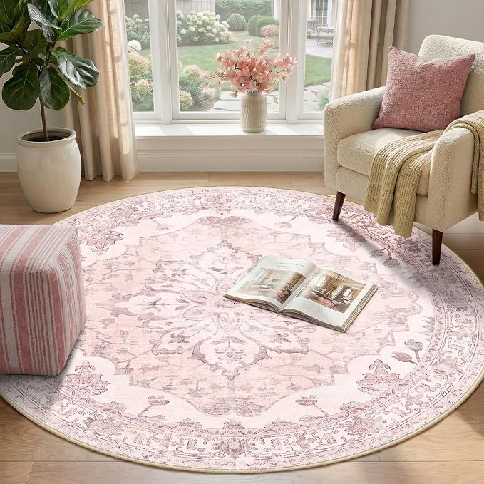 RELEANY Area Rugs Round 4ft Washable Non-Slip, Floral Vintage Distress