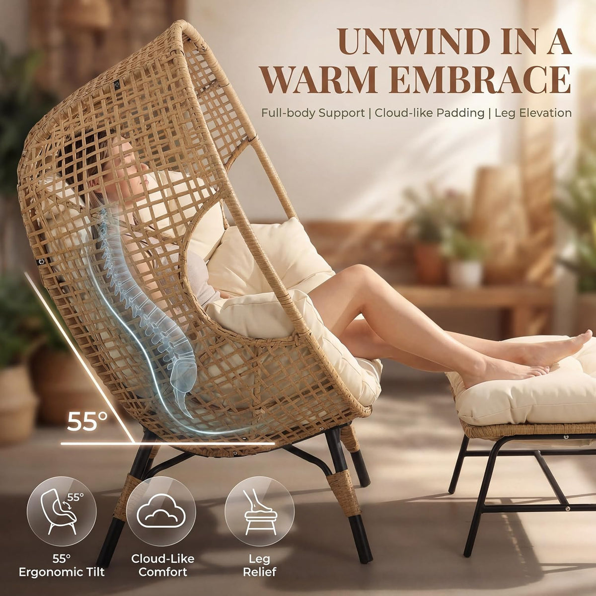 NICESOUL Wicker Egg Chair with Ottoman, Indoor Outdoor Egg Basket Lounge Chair w/Cushion, Oversized Egg Seat with Legs 440 Lbs, Comfy Cozy Boho Style Nest Chair w/Footrest for Patio, Balcony, Beige