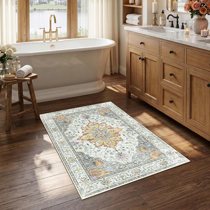RELEANY Area Rugs Small 2'6"x4' Washable Non-Slip, Floral Vintage Distress