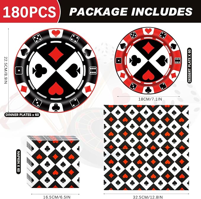 180PCS Casino Paper Plates and Napkins Party Supplies Serve 60 | Disposable