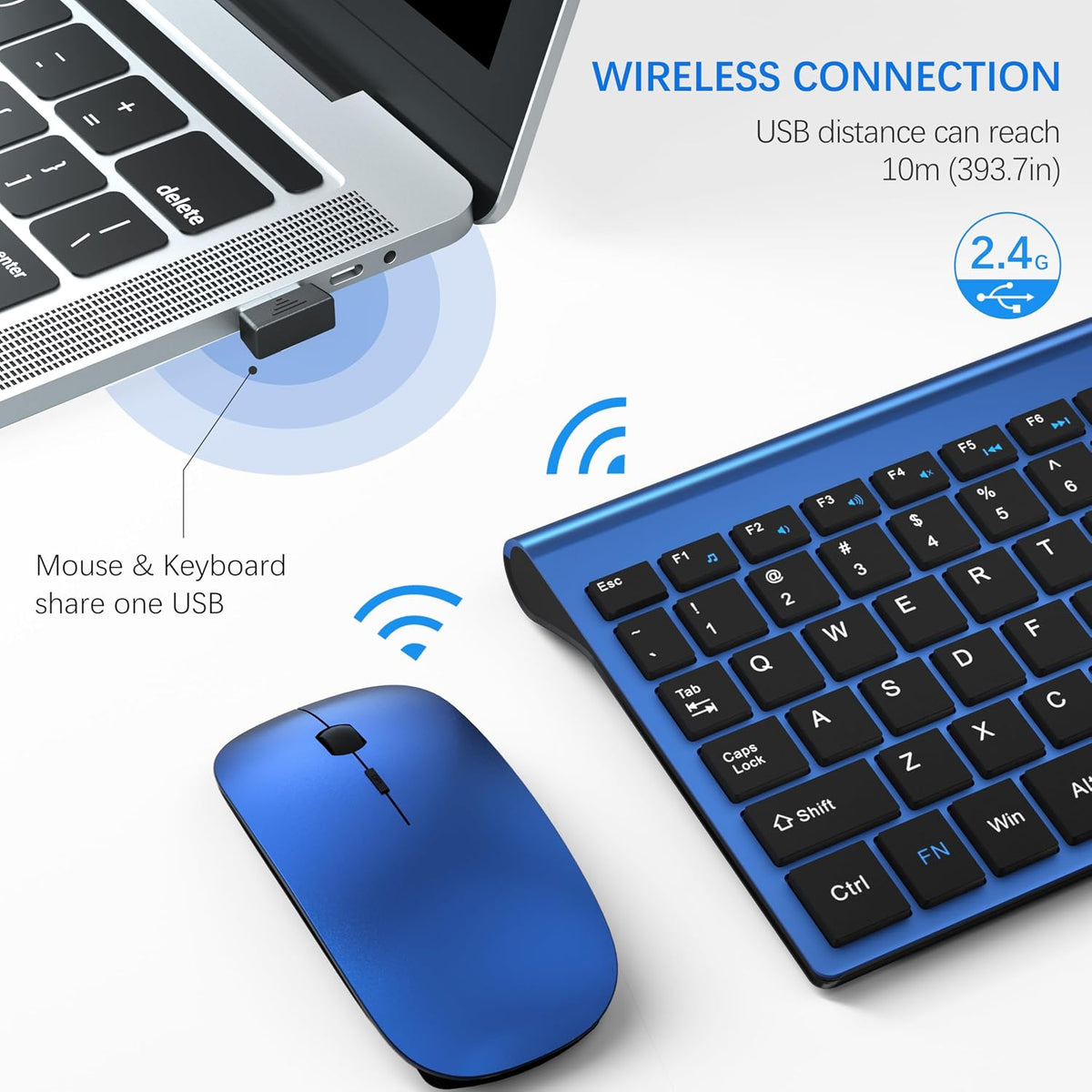 Wireless Keyboard and Mouse Ultra Slim Combo, TopMate - Blue Black