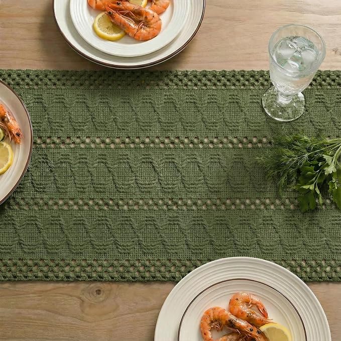 Artoid Mode Army Green Woven Farmhouse Hollow Table Runner 12x60 Inch | Holiday