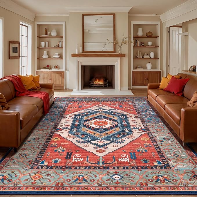 SERISSA Washable Rugs 9x12 Area Rugs, Large Non-Slip Boho Living Room Rust Rug