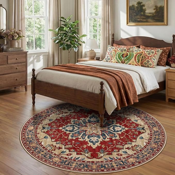 RELEANY Area Rugs Round 7ft Washable Non-Slip, Floral Vintage Distress