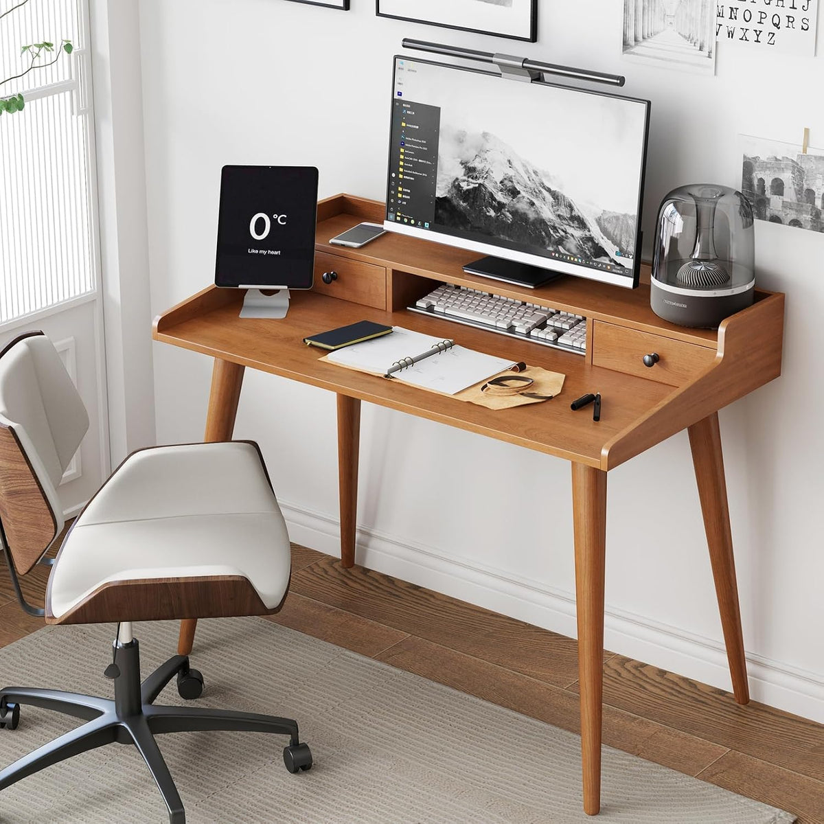 Mid Century Modern Desk, 41" Wood Home Office Writing Computer or Laptop Desk with Monitor Stand Riser and Open Storage Cubby, Vanity Desk with 2 Drawers