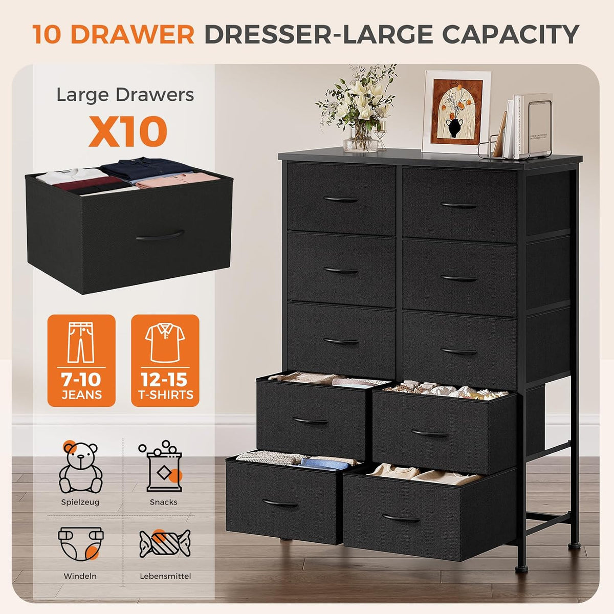 DUMOS 10 Drawer Dresser for Bedroom, Storage Organizer Chest of Drawers