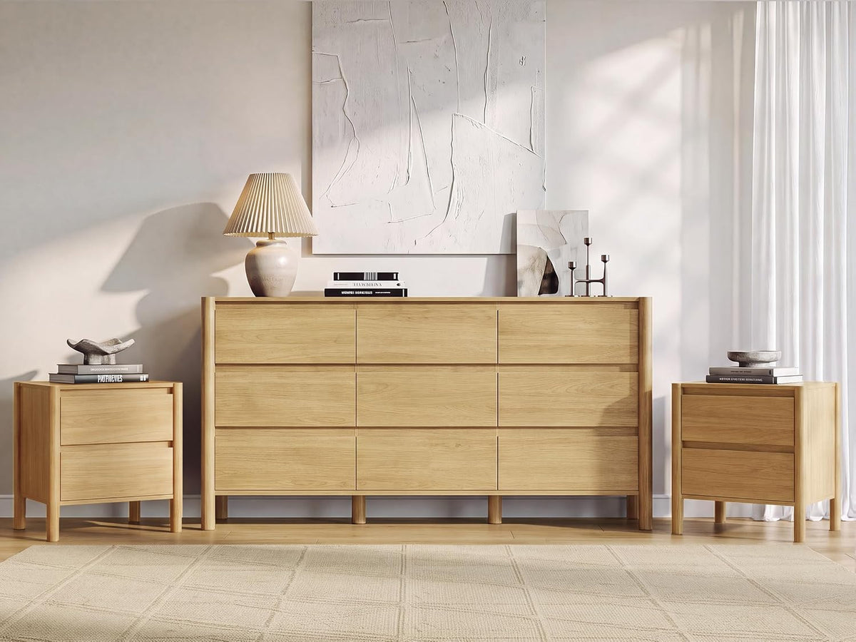 63in Oak 9 Drawer Dresser & 2 Nightstand Set, 3 Pcs Bedroom Furniture