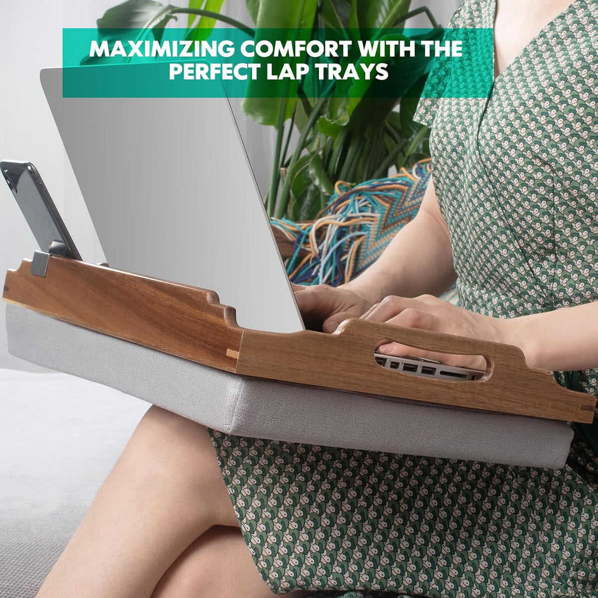 DRELIFAM Lap Desk with Cushion,Wooden Bed Tray Table for Eating,Lap Tray in Recliner,Breakfast Tray,TV Dinner Bed Food Trays (Acacia Wood A)