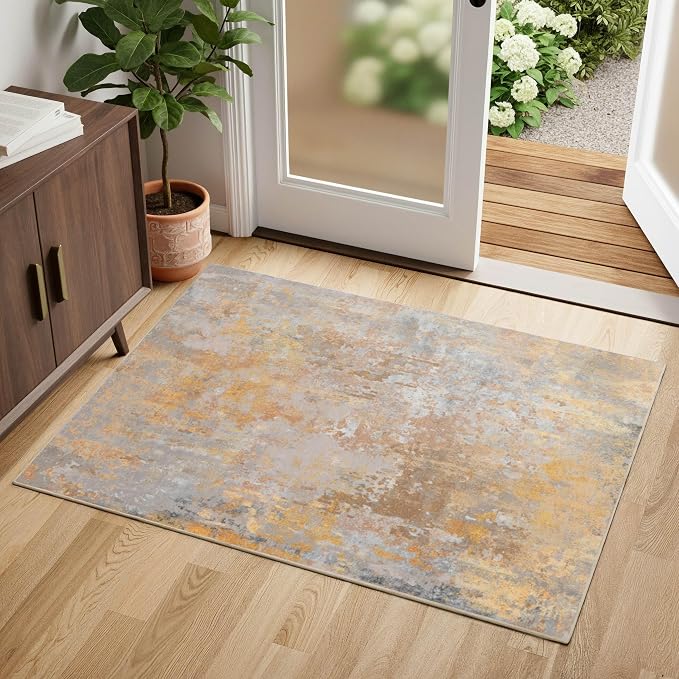 Entryway Rug 2x3 Beige Gold Door Mat Indoor Entrance 24x36, Washable Small