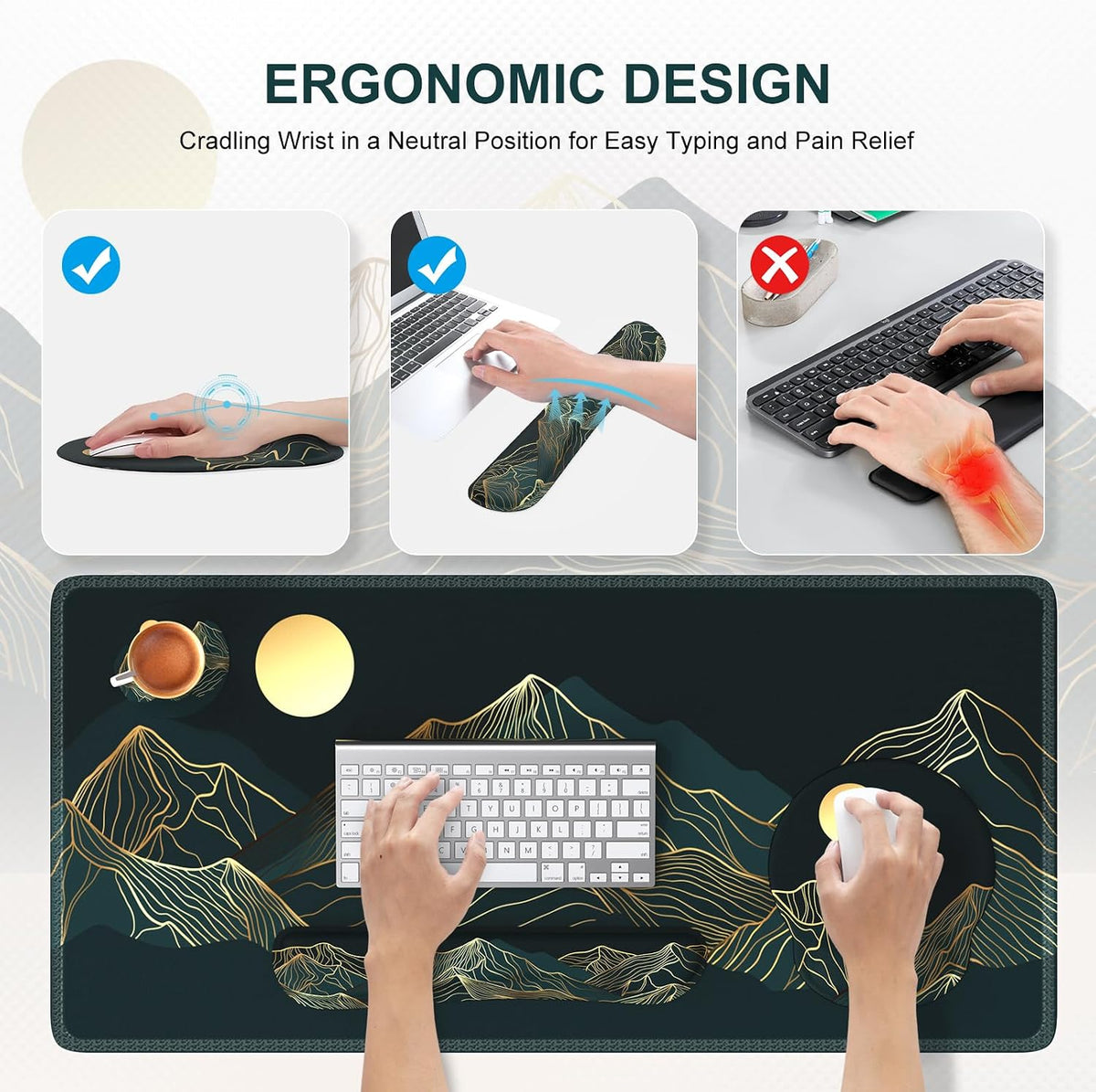 iCasso Large Mouse Pad, 4in1 XXL Mousepad + Keyboard Wrist Rest+Mouse Wrist Rest+Coaster Set with Ergonomic Design for Computer(Cyan-Mountain)