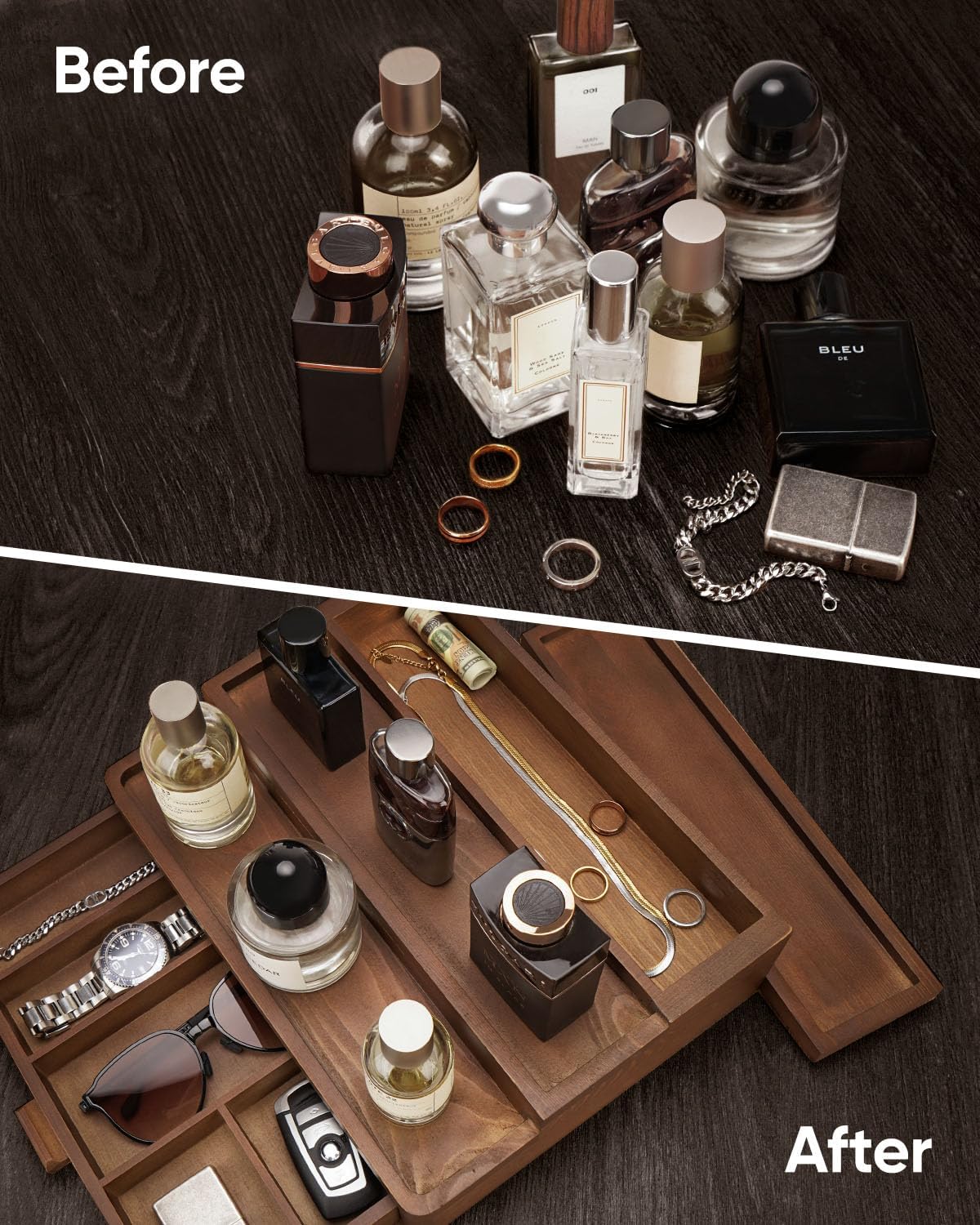 Cologne Organizer for Men, 3 Tier Wooden Cologne Stand with Drawer Storage and Hidden Compartment, Perfume Display Holder for Dresser, Great Gifts for Him Dad Fathers, Brown