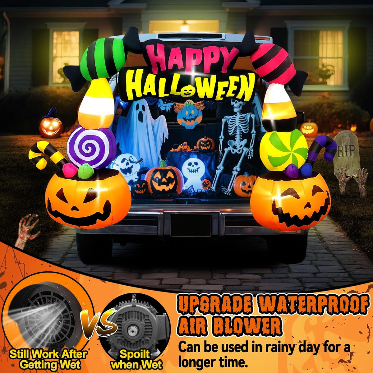 Kalolary 6FT Height Halloween Inflatables Trunk or Treat Car Decorations, Candy Pumpkin Arch Blow up Decorations with Built-in LED Lights Up for Halloween Party Lawn Yard SUV Car Luggage Decor