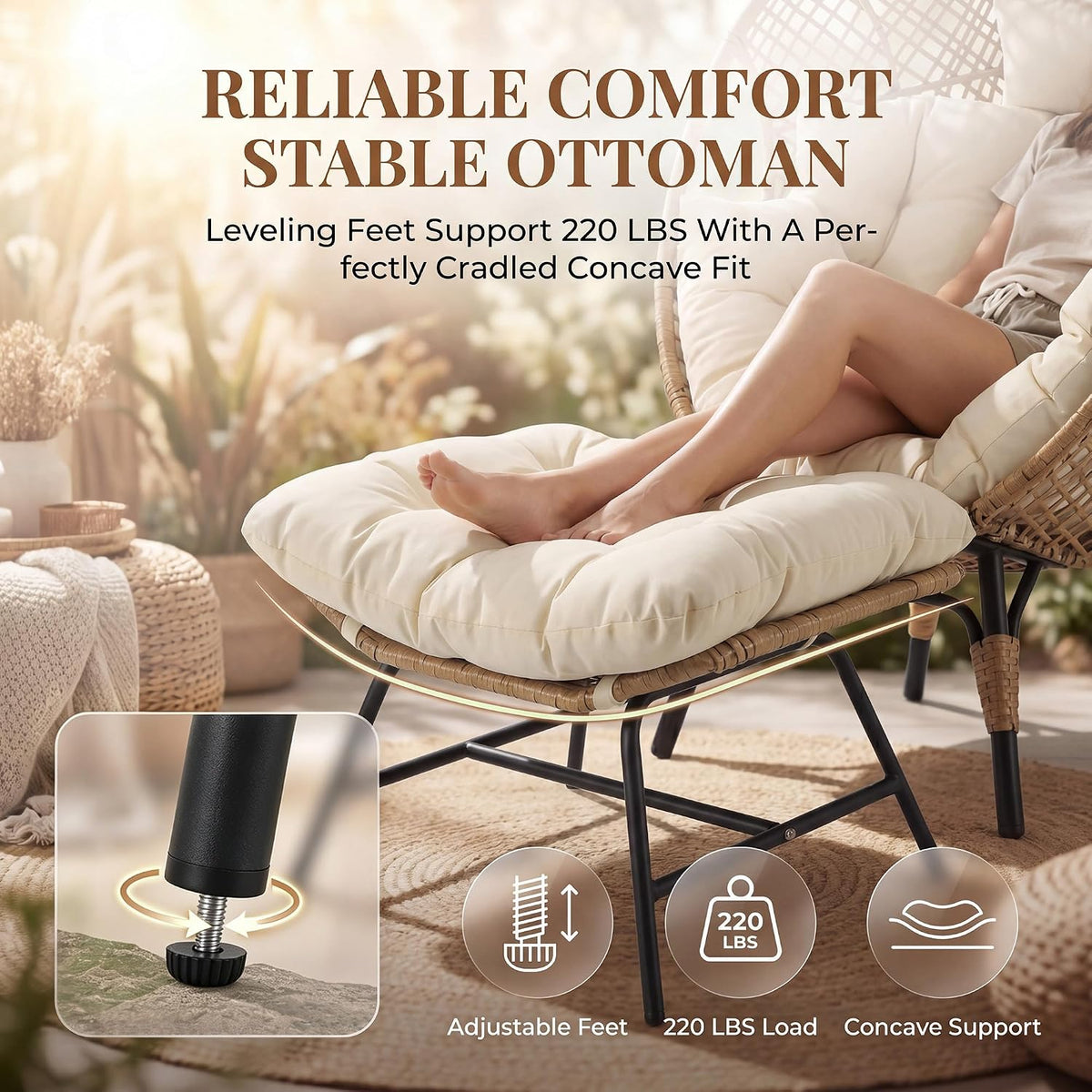 NICESOUL Wicker Egg Chair with Ottoman, Indoor Outdoor Egg Basket Lounge Chair w/Cushion, Oversized Egg Seat with Legs 440 Lbs, Comfy Cozy Boho Style Nest Chair w/Footrest for Patio, Balcony, Beige