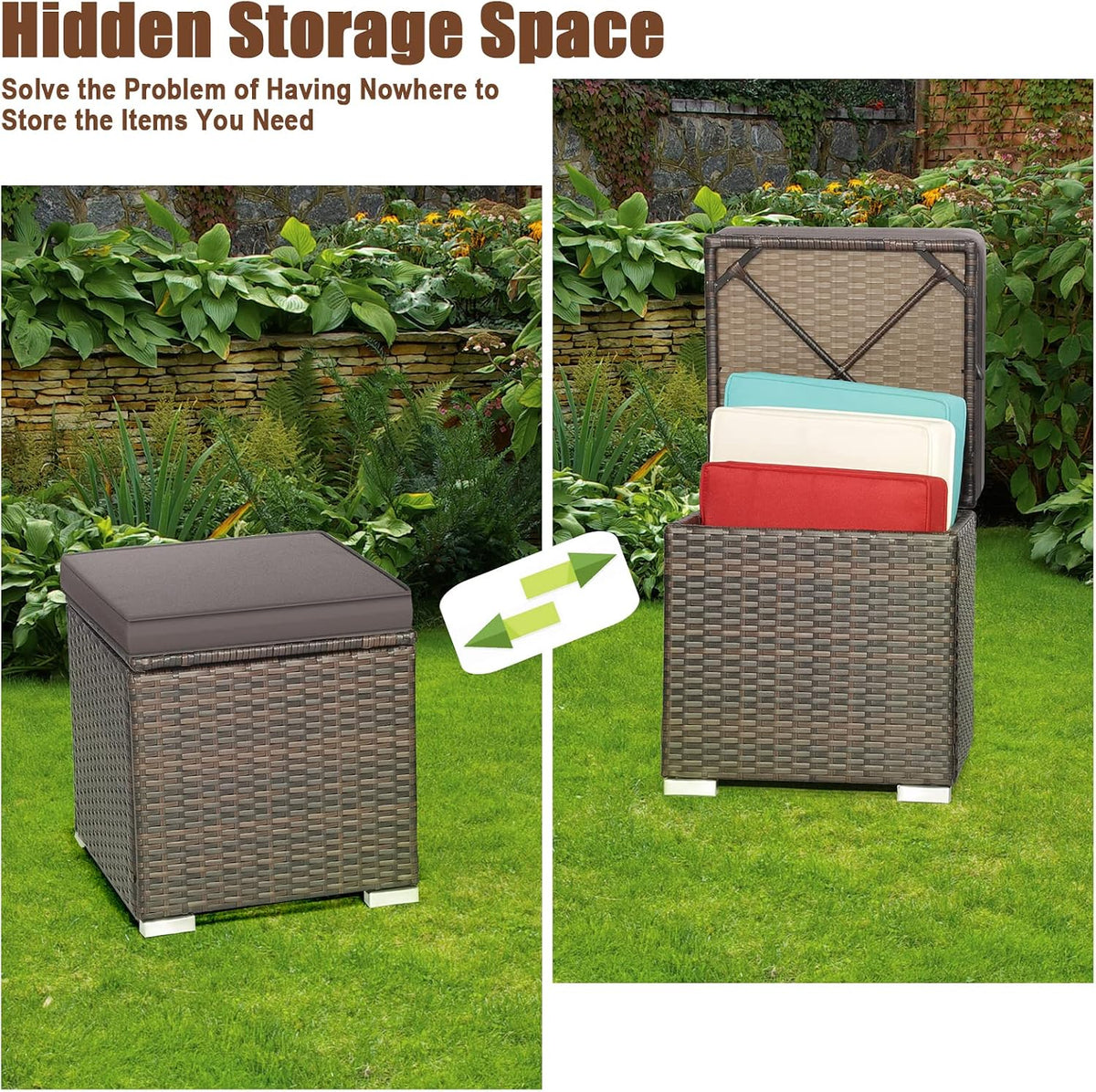 RELAX4LIFE Wicker Outdoor Storage Ottoman, 2-Piece Rattan Footstool w/Removable Cushion, Multipurpose Footrest Stool Side Table Additional Seating, Set of 2 Outdoor Ottomans for Patio Deck (Grey)