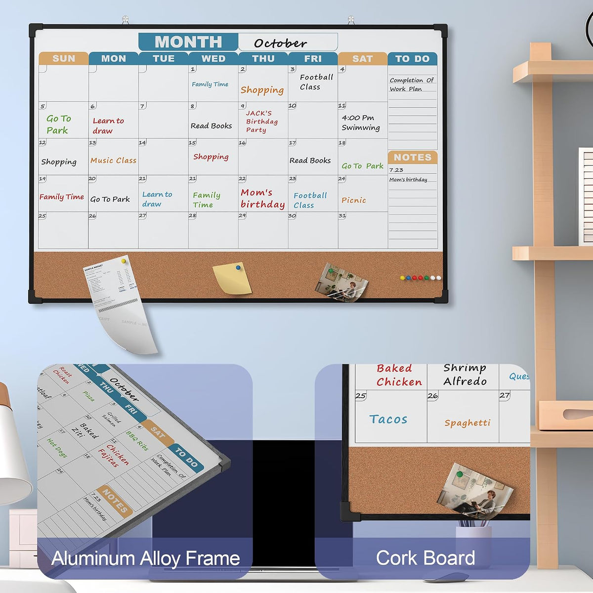 Monthly Calendar Dry Erase Board 36x24 Inch, Double-Sided Whiteboard and Corkboard Combo with Black Aluminum Frame (Color Calendar), Wall Mounted Planner with Marker, Magnet, Push Pin, Eraser