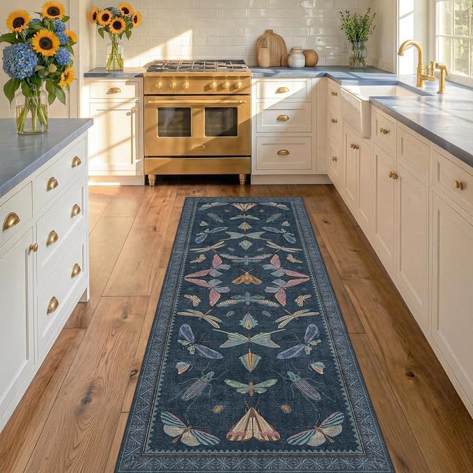 Vintage Navy Blue 2x5 Runner Rug, Washable Insect Carpet