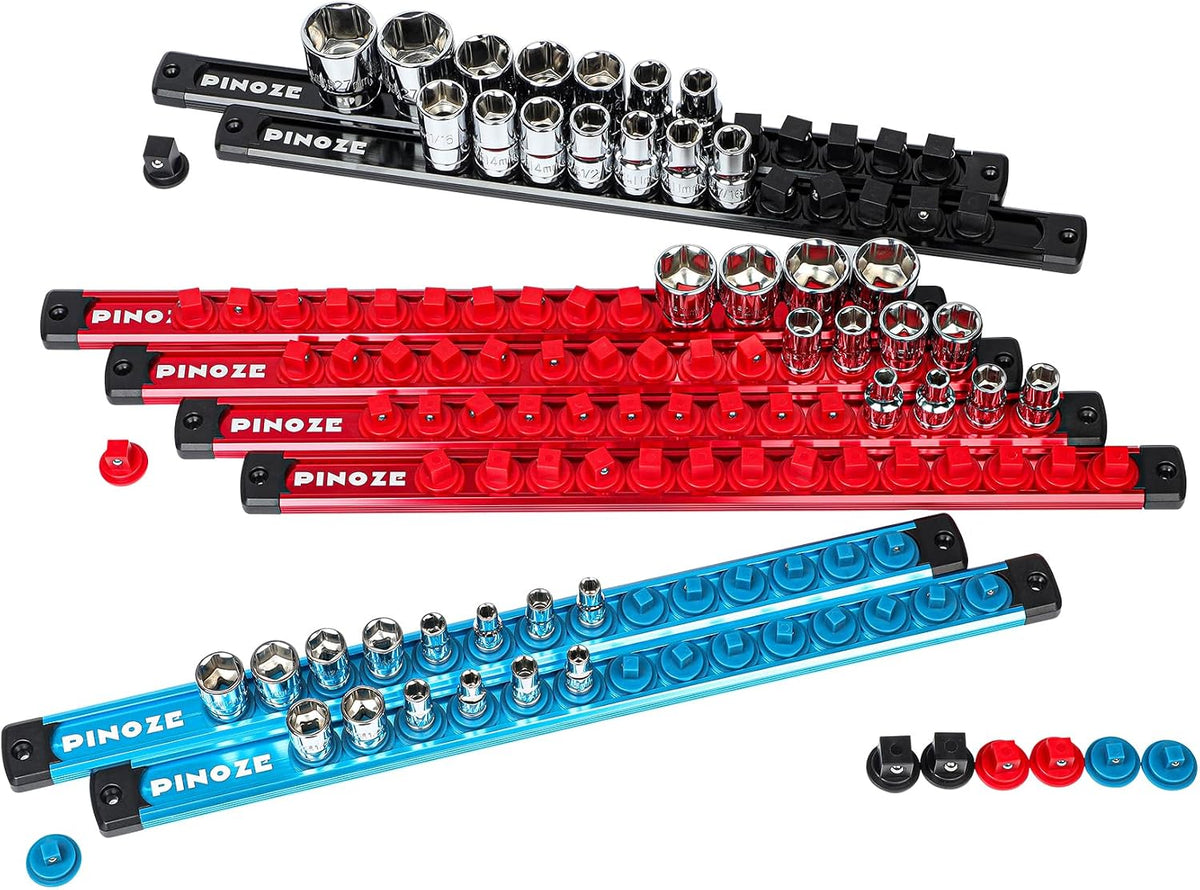 PINOZE 8PCS Magnetic Socket Holder Organizer Set - 1/4, 3/8, 1/2 - Aluminum Alloy Socket Rail Trays for Tool Box Drawer, Socket Rack Kit with 114Pcs Clips for Automotive Garage(Blue Red Black)