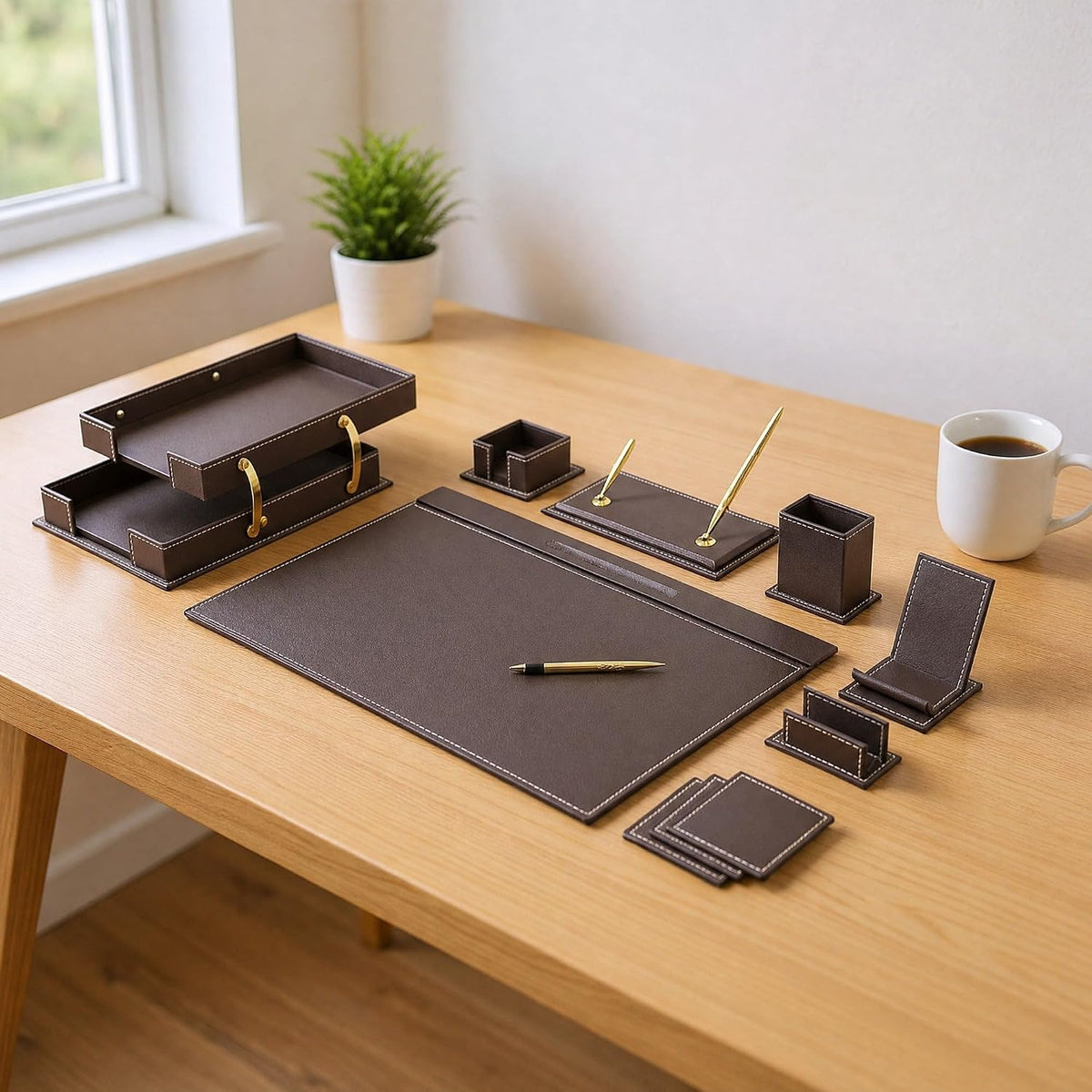 MOOGCO Desk Organizers - Desk Accessories - Leather Desk Organizer - Bonded Leather Set - Office Desk Accessories - Home Office Accessories - Desk Supplies - Leather Desk Set - Office Accessories