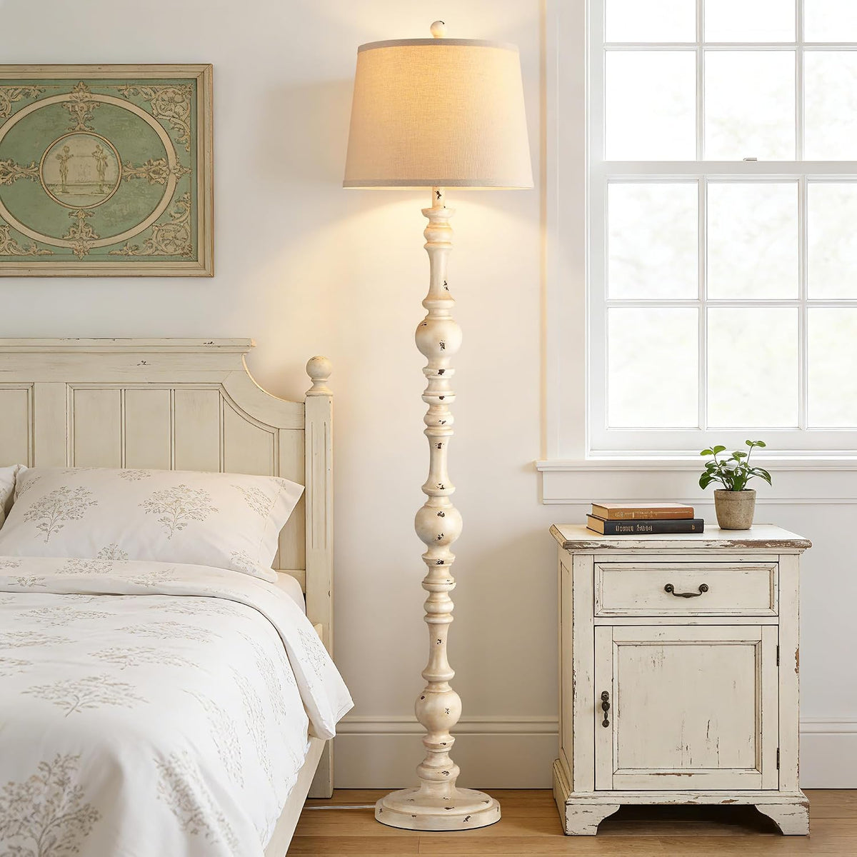 QiMH 61" Vintage Floor Lamp for Living Room, Farmhouse Lamps, Shabby White