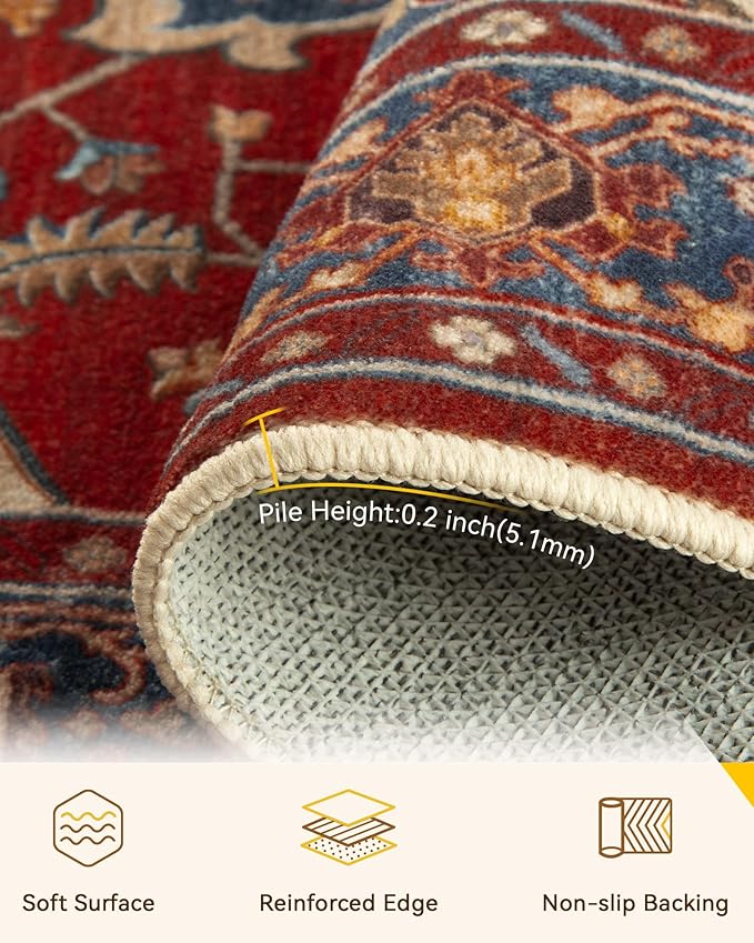RELEANY Area Rugs Round 5ft Washable Non-Slip, Floral Vintage Distress