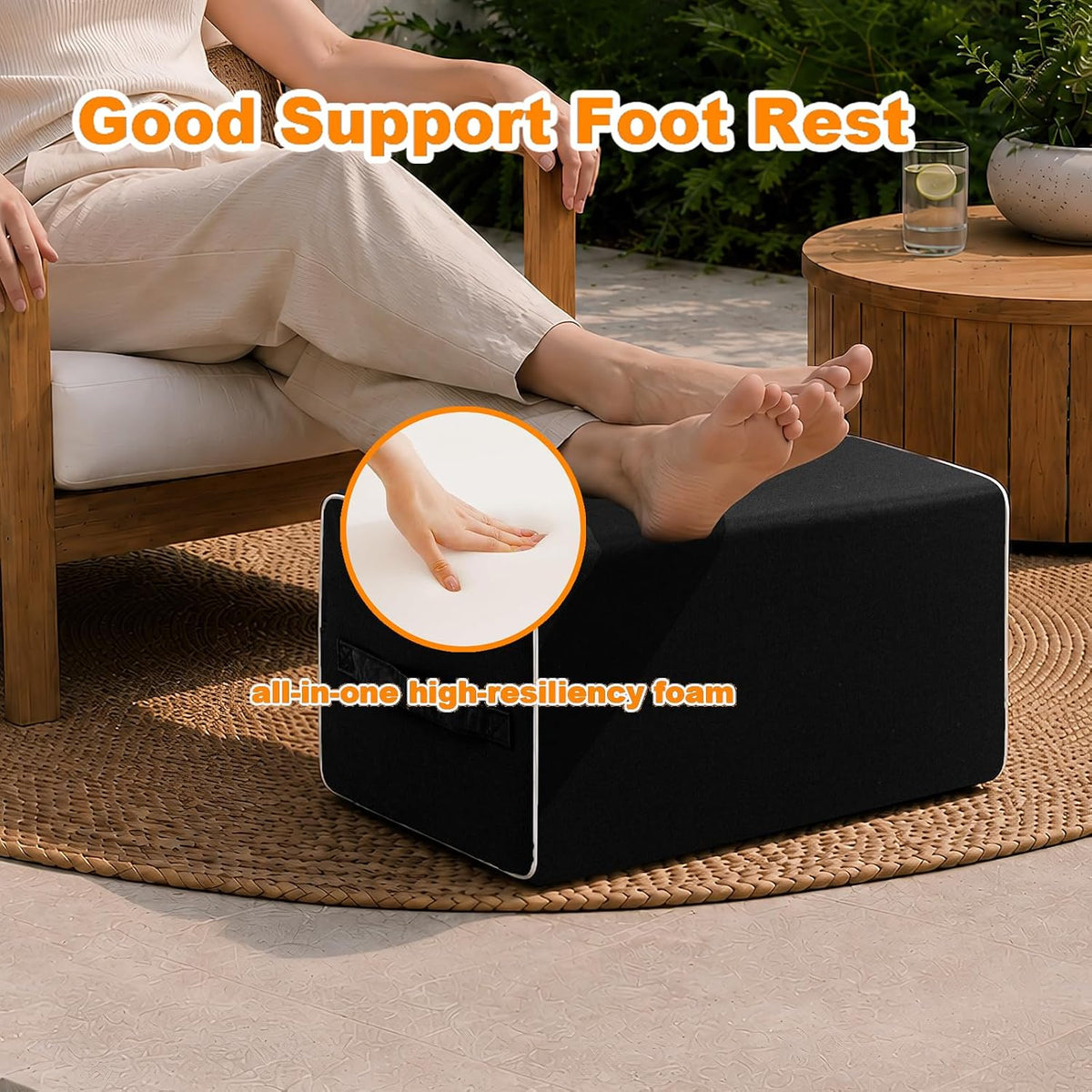 Patio Outdoor Ottoman & Footrest Pouf – All-in-One Foam-Filled Design, Weather-Resistant Zippered Removable Cover, Rectangular Shape (22" x 16" x 14") (Black)