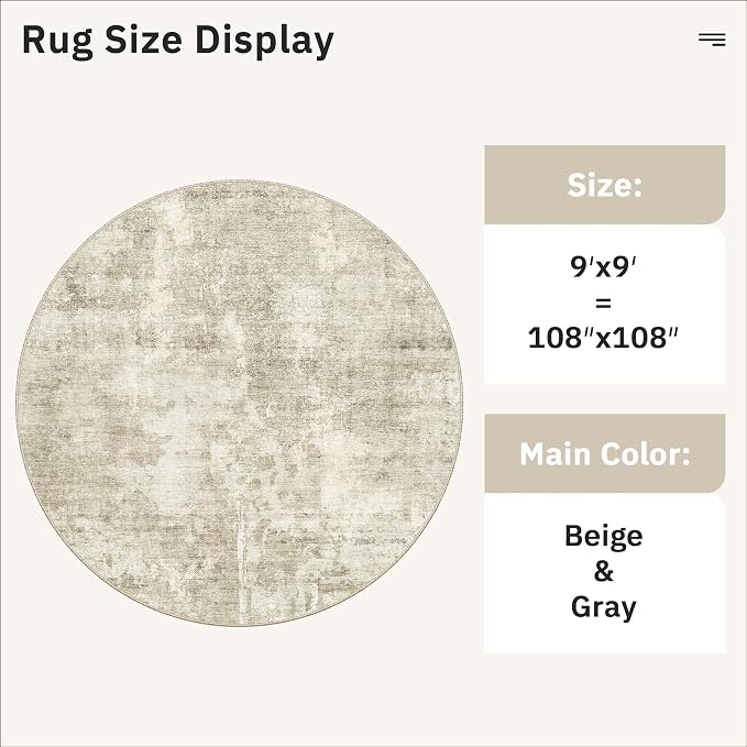 Soalmost 9x9 Beige Gray Round Rug 9ft Living Room Circle Rug Vintage Round Area
