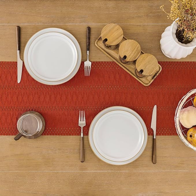 Macrame Style Boho Table Runner, 12x90 Inch Dark Orange | Woven Boho Table