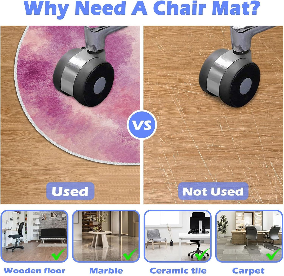 Office Chair Mat for Hardwood Floor, 4ft/48in Round Chair Rugs Floor Protectors, Desk Chairs Mat for Rolling Chair, Anti-Slip Computer Chair Mats, Carpet Mats for Home Office(Pink)