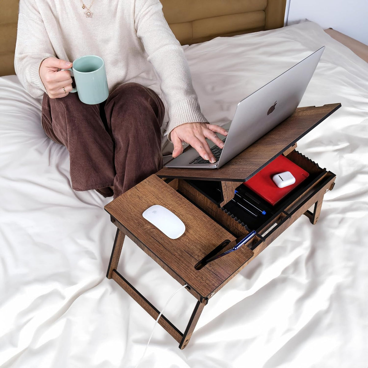Vigo Wood Laptop Stand with Adjustable Tilt, Folding Legs and Storage Space, Reading Table and Work Desk (Walnut)