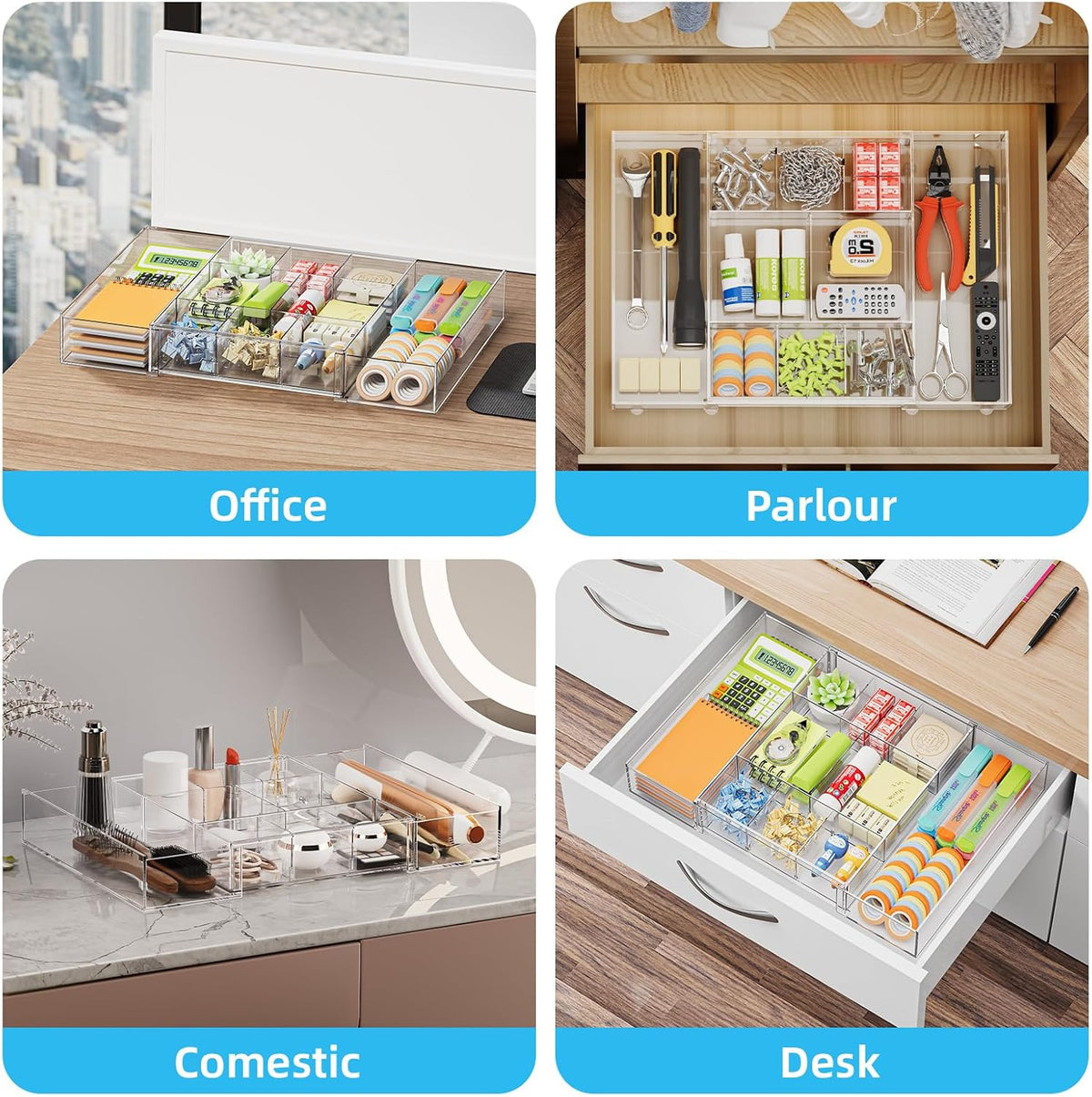 Marbrasse Expandable Desk Drawer Organizer, Clear Plastic Drawer Organizer Tray with 10 Adjustable Compartments, Desk Organizers and Accessories, 5 Drawer Dividers for Office Supplies (Clear-2P)