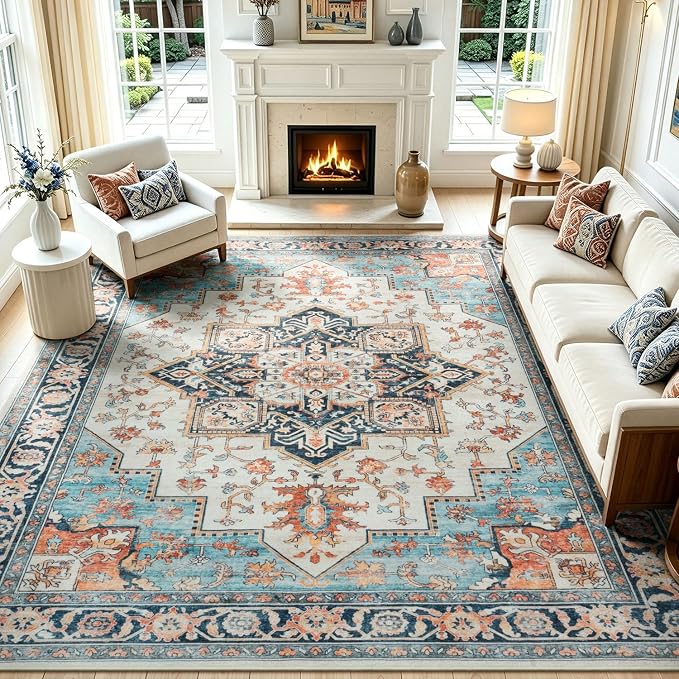 Lofus 8x10 Washable Rugs Non-Slip, Vintage Floral Area Rug