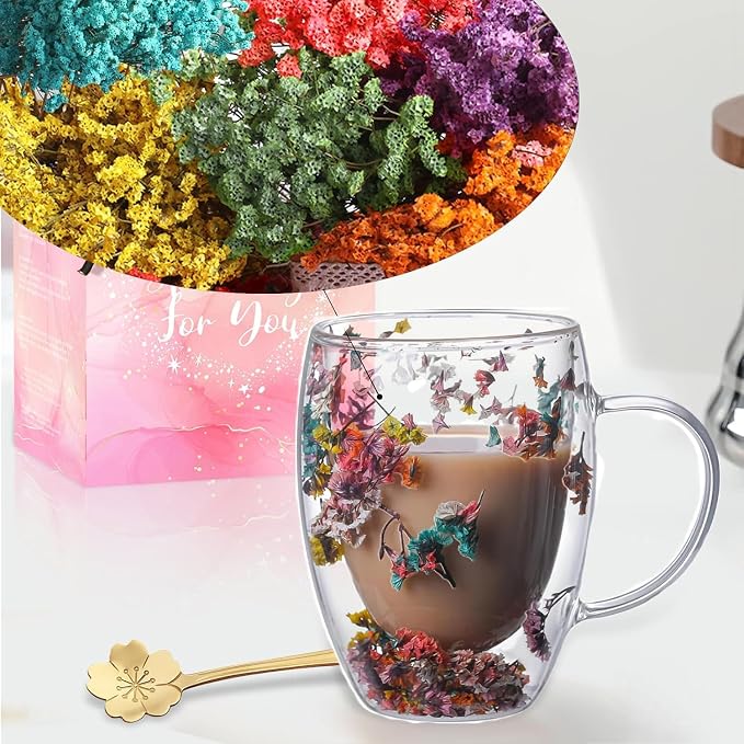 Gifts for Women Dried Flowers Double Wall Glass Coffee Mugs Cute Glass Tea Cups