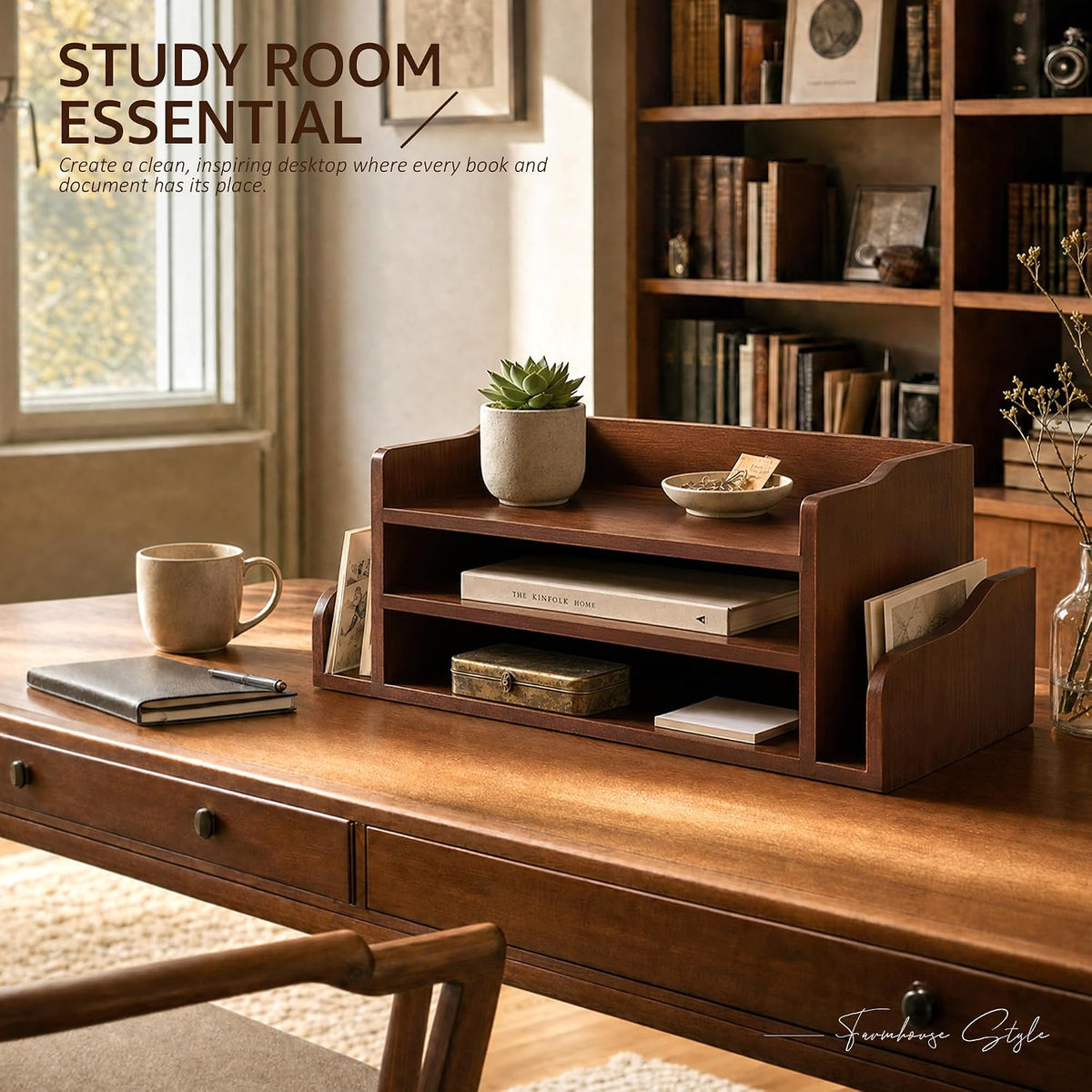 Wood Desk Organizer: File Organizer with 3-Tier Shelf and Side Slots, Brown