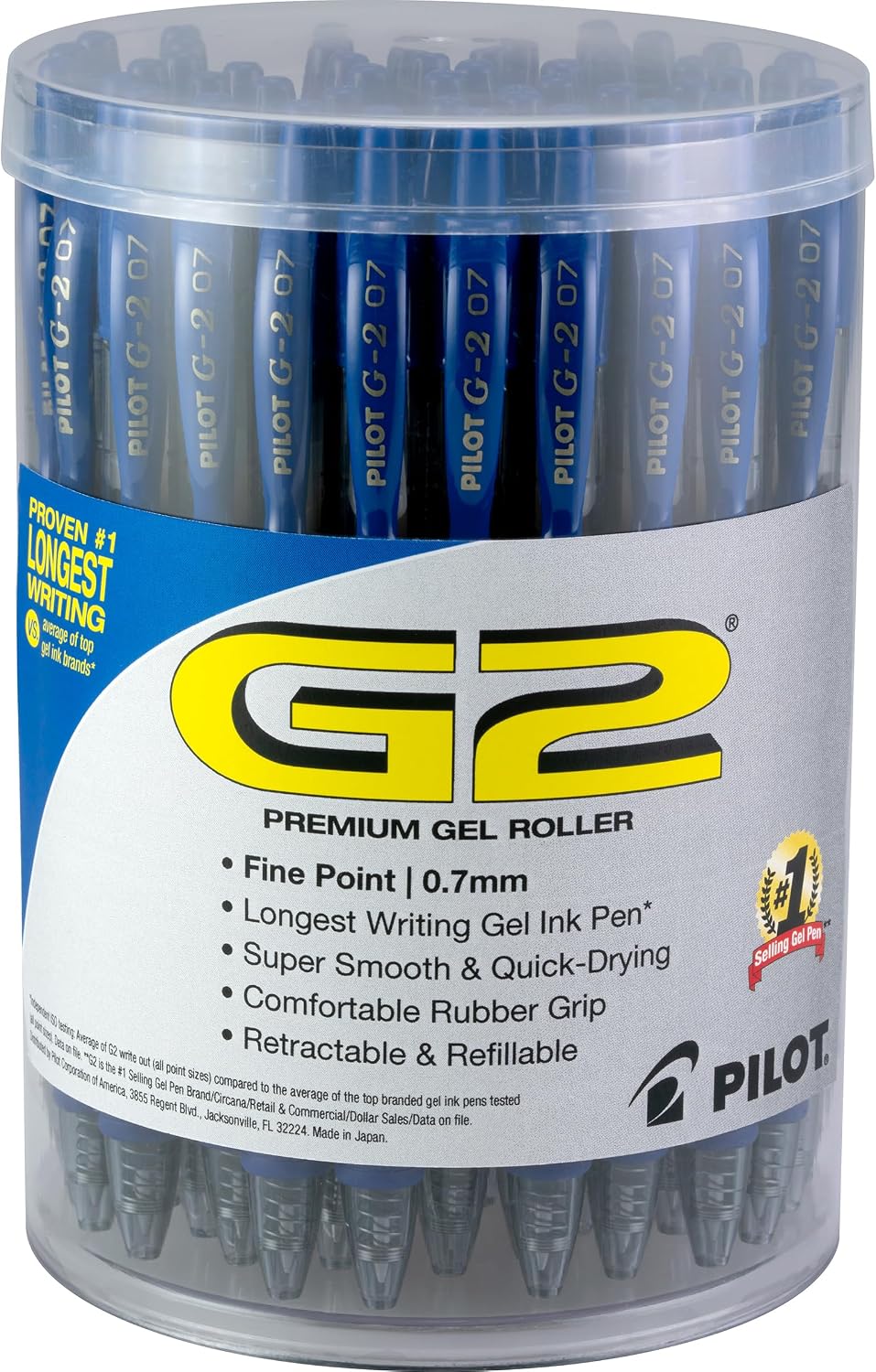 Pilot G2 Premium Gel Pens, Blue Pens, Fine Point 0.7 mm, Tub of 48, Blue