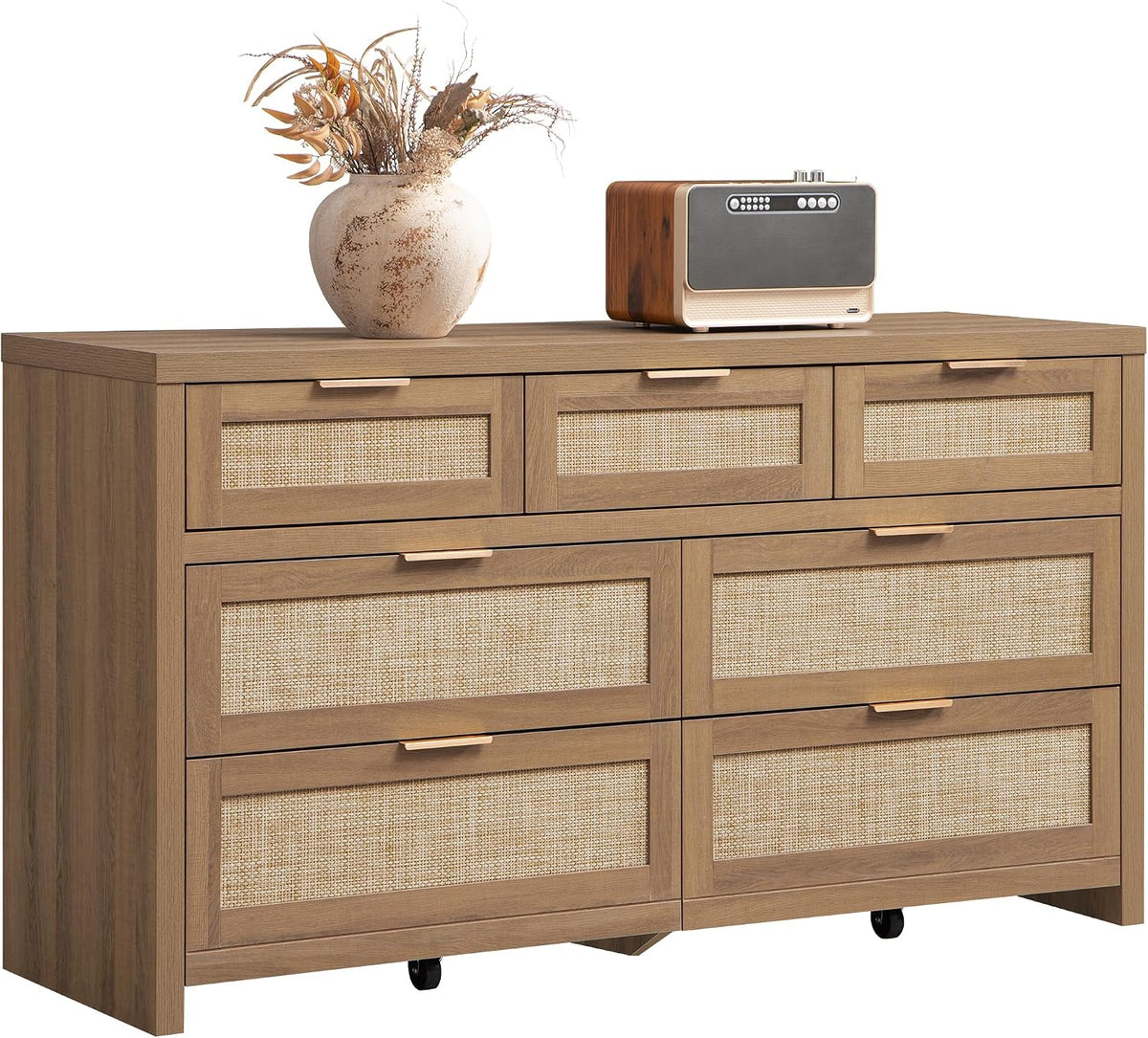 SICOTAS 7 Drawer Rattan Dresser for Bedroom, 57" Wide Dresser
